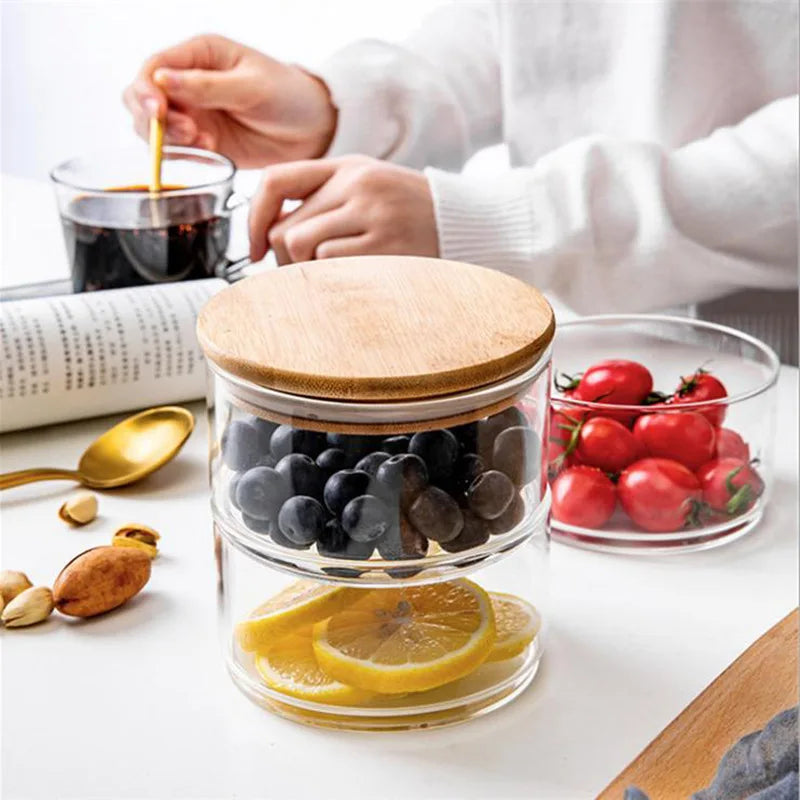 Japanese Salad Glass Bowl with Lid Fruit Storage Jar Stackable Tupperware Food Storage Organizer Kitchen Refrigerator Containers