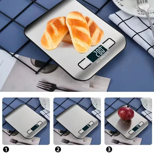 Digital kitchen scale with LED display, stainless steel panel, 5kg/1g capacity, electronic, suitable for home use, jewelry, food, snacks, and baking tools.